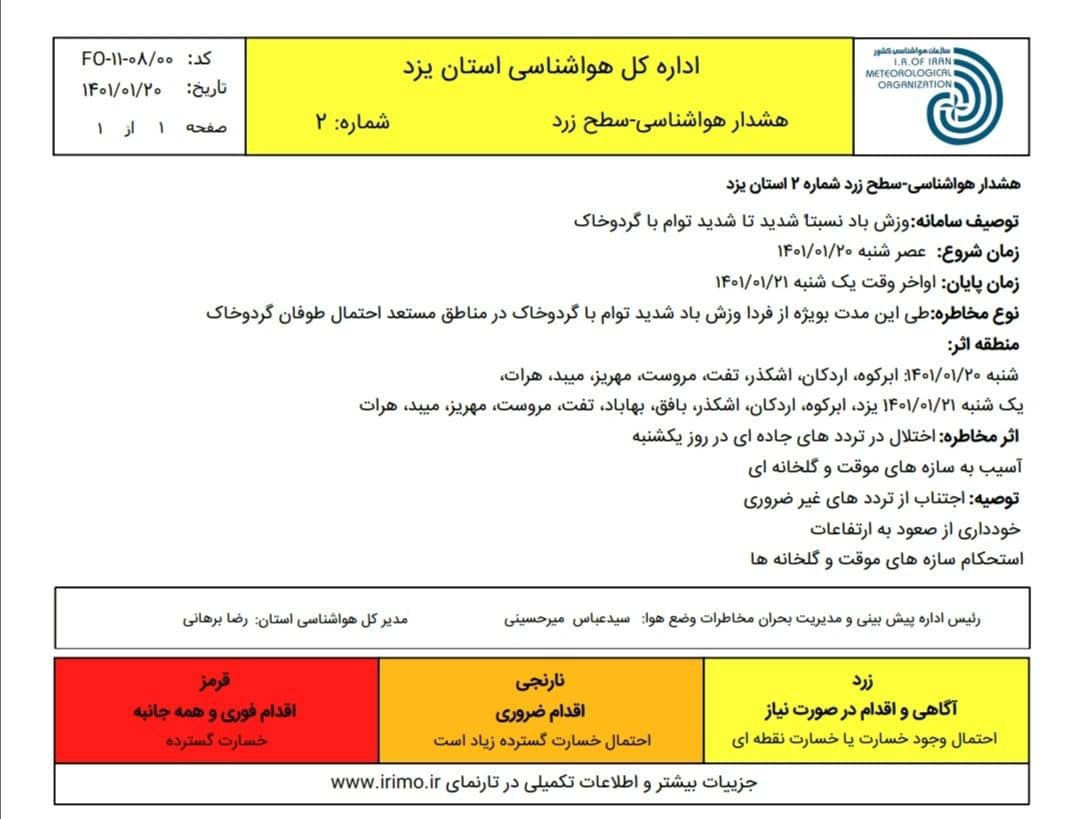 هشدار هواشناسی میبد هشدار هواشناسی میبد