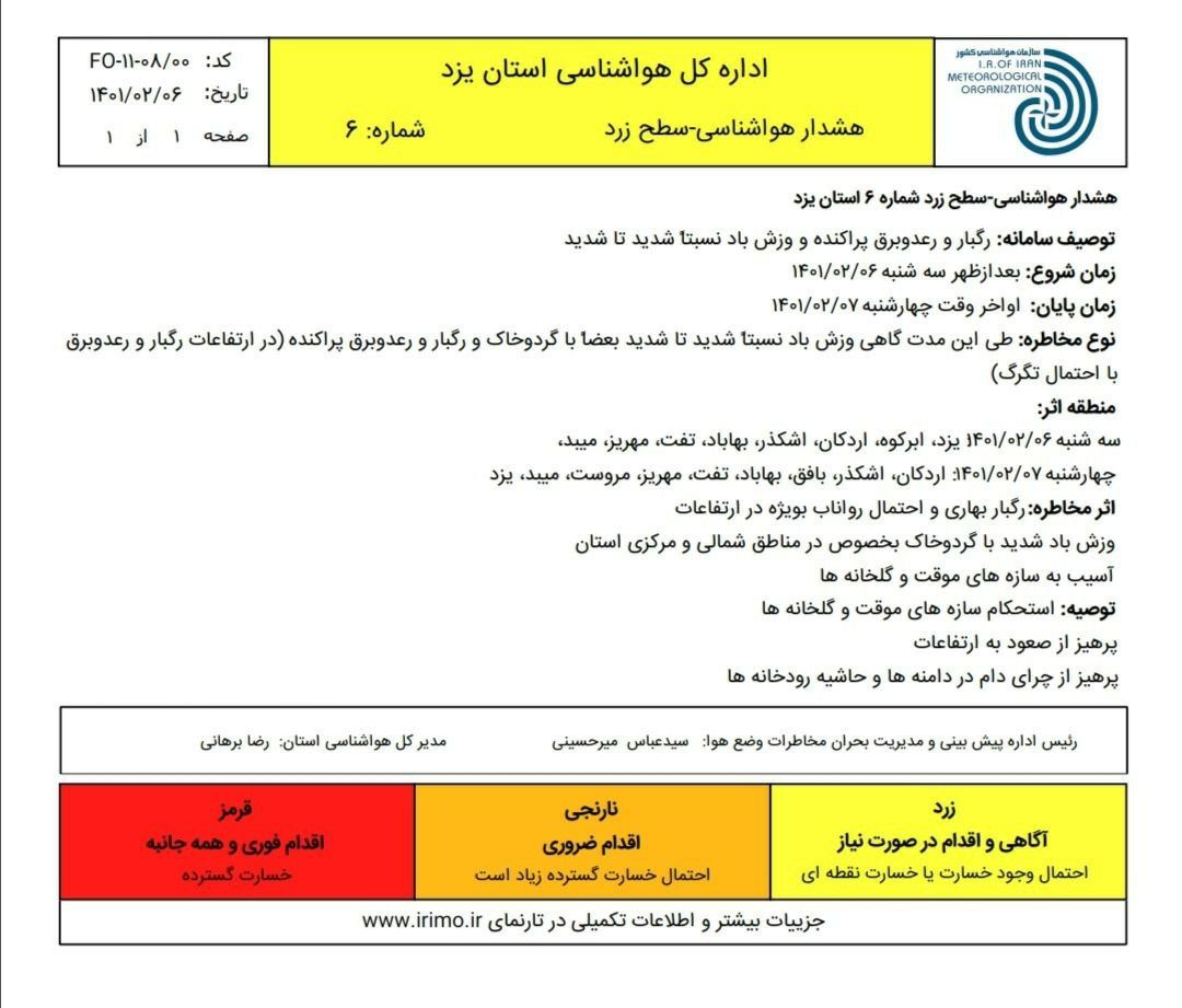 هشدار هواشناسی سطح زرد اداره کل هواشناسی استان یزد