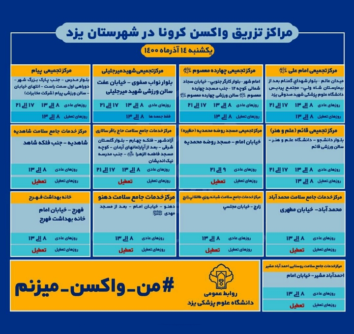 آدرس و ساعات فعالیت مراکز واکسیناسیون در شهرستان یزد