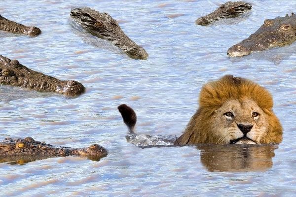 ببینید| عبور جسورانه شیر از میان قلمرو تمساح‌ها