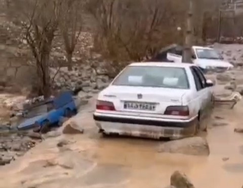 فیلم| خسارت به چندین ماشین به علت همراه شدن سنگ با سیل در محله تله‌زرد طزرجان